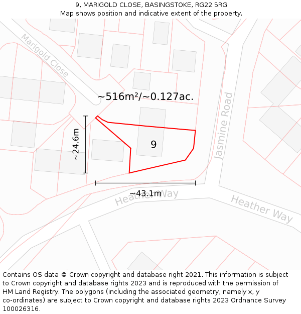 9, MARIGOLD CLOSE, BASINGSTOKE, RG22 5RG: Plot and title map