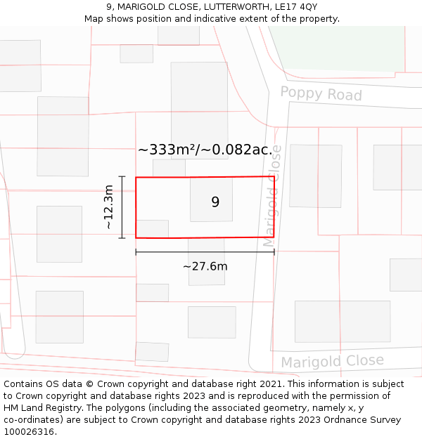 9, MARIGOLD CLOSE, LUTTERWORTH, LE17 4QY: Plot and title map