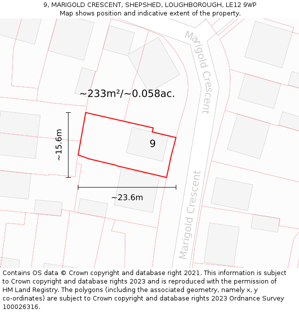 9, MARIGOLD CRESCENT, SHEPSHED, LOUGHBOROUGH, LE12 9WP: Plot and title map