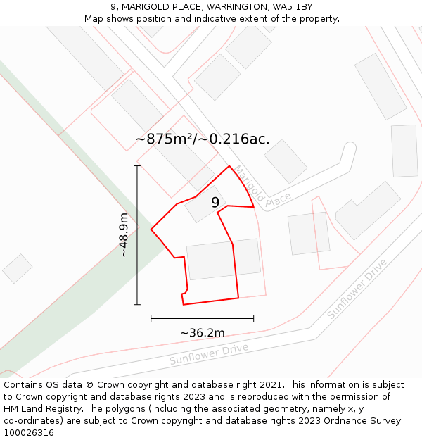 9, MARIGOLD PLACE, WARRINGTON, WA5 1BY: Plot and title map