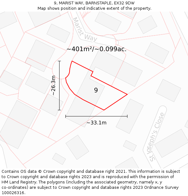 9, MARIST WAY, BARNSTAPLE, EX32 9DW: Plot and title map