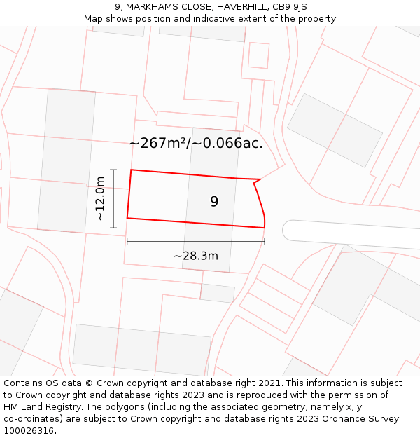 9, MARKHAMS CLOSE, HAVERHILL, CB9 9JS: Plot and title map