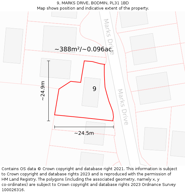 9, MARKS DRIVE, BODMIN, PL31 1BD: Plot and title map
