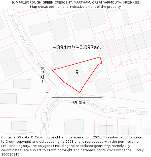 9, MARLBOROUGH GREEN CRESCENT, MARTHAM, GREAT YARMOUTH, NR29 4SZ: Plot and title map