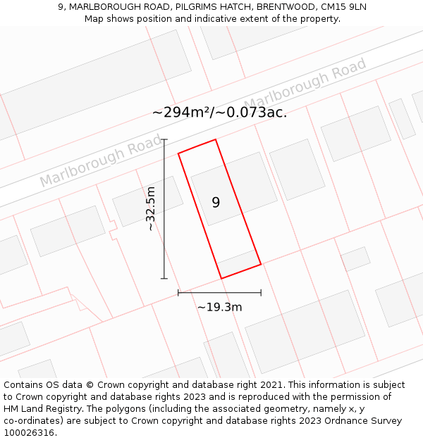 9, MARLBOROUGH ROAD, PILGRIMS HATCH, BRENTWOOD, CM15 9LN: Plot and title map