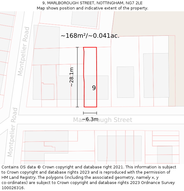 9, MARLBOROUGH STREET, NOTTINGHAM, NG7 2LE: Plot and title map