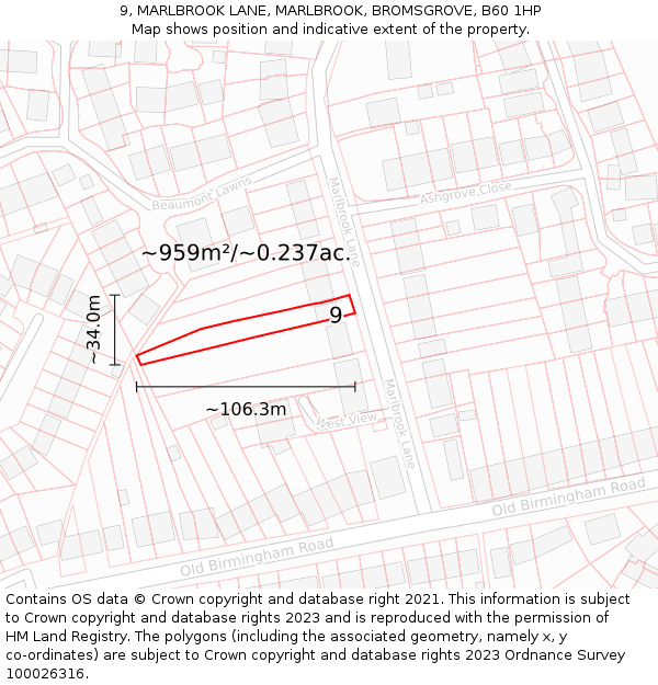 9, MARLBROOK LANE, MARLBROOK, BROMSGROVE, B60 1HP: Plot and title map