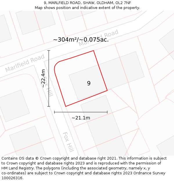 9, MARLFIELD ROAD, SHAW, OLDHAM, OL2 7NF: Plot and title map