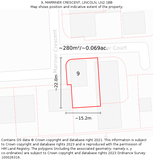 9, MARRINER CRESCENT, LINCOLN, LN2 1BB: Plot and title map