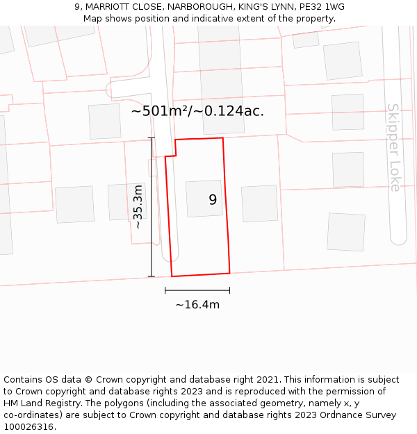 9, MARRIOTT CLOSE, NARBOROUGH, KING'S LYNN, PE32 1WG: Plot and title map