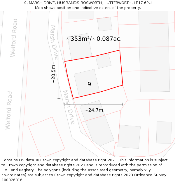 9, MARSH DRIVE, HUSBANDS BOSWORTH, LUTTERWORTH, LE17 6PU: Plot and title map