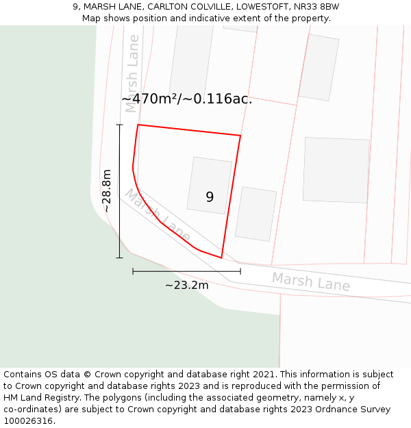 9, MARSH LANE, CARLTON COLVILLE, LOWESTOFT, NR33 8BW: Plot and title map