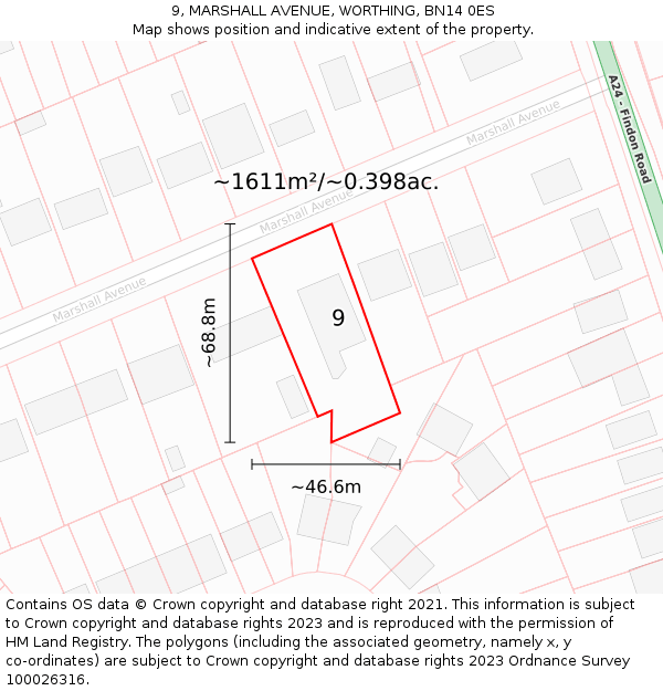 9, MARSHALL AVENUE, WORTHING, BN14 0ES: Plot and title map