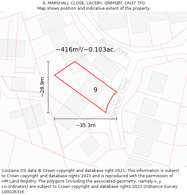 9, MARSHALL CLOSE, LACEBY, GRIMSBY, DN37 7FG: Plot and title map
