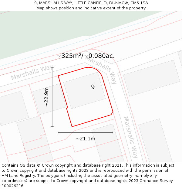 9, MARSHALLS WAY, LITTLE CANFIELD, DUNMOW, CM6 1SA: Plot and title map