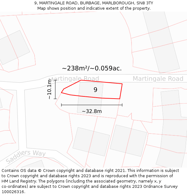 9, MARTINGALE ROAD, BURBAGE, MARLBOROUGH, SN8 3TY: Plot and title map