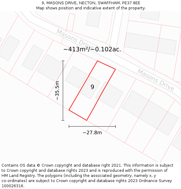 9, MASONS DRIVE, NECTON, SWAFFHAM, PE37 8EE: Plot and title map