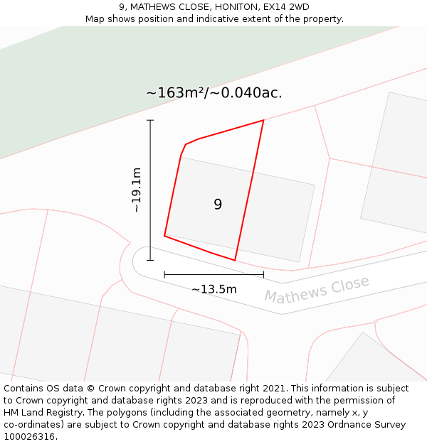 9, MATHEWS CLOSE, HONITON, EX14 2WD: Plot and title map