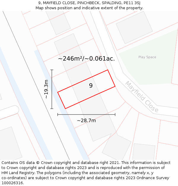 9, MAYFIELD CLOSE, PINCHBECK, SPALDING, PE11 3SJ: Plot and title map