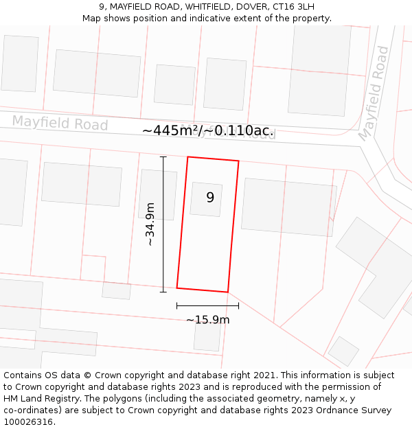 9, MAYFIELD ROAD, WHITFIELD, DOVER, CT16 3LH: Plot and title map