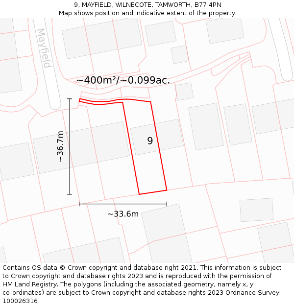 9, MAYFIELD, WILNECOTE, TAMWORTH, B77 4PN: Plot and title map