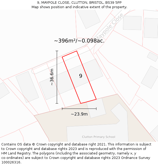 9, MAYPOLE CLOSE, CLUTTON, BRISTOL, BS39 5PP: Plot and title map