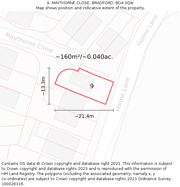 9, MAYTHORNE CLOSE, BRADFORD, BD4 0QW: Plot and title map