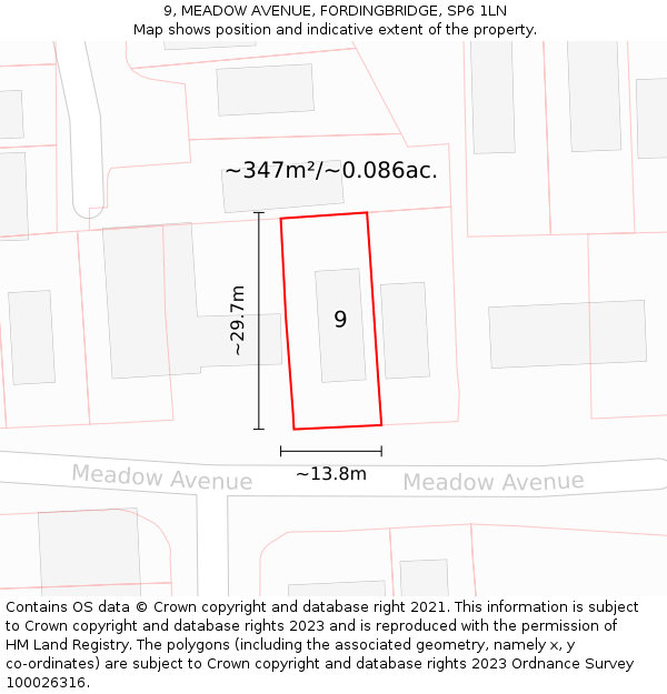 9, MEADOW AVENUE, FORDINGBRIDGE, SP6 1LN: Plot and title map