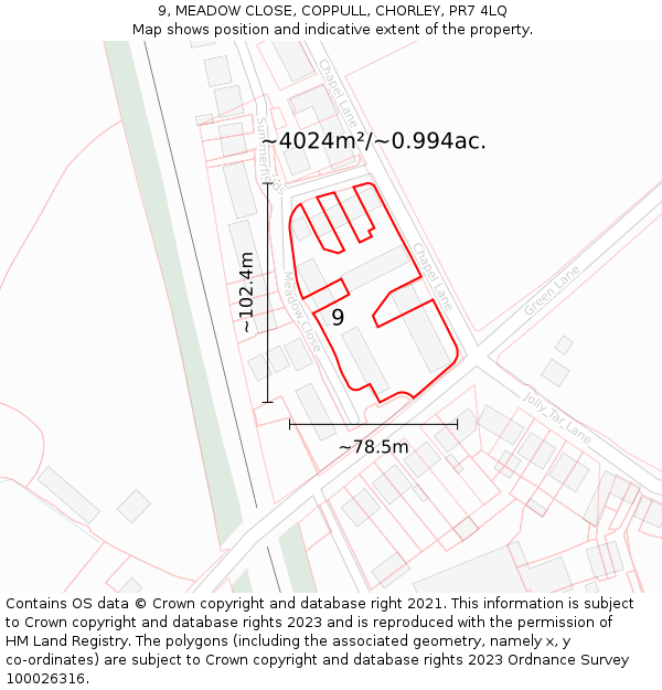 9, MEADOW CLOSE, COPPULL, CHORLEY, PR7 4LQ: Plot and title map