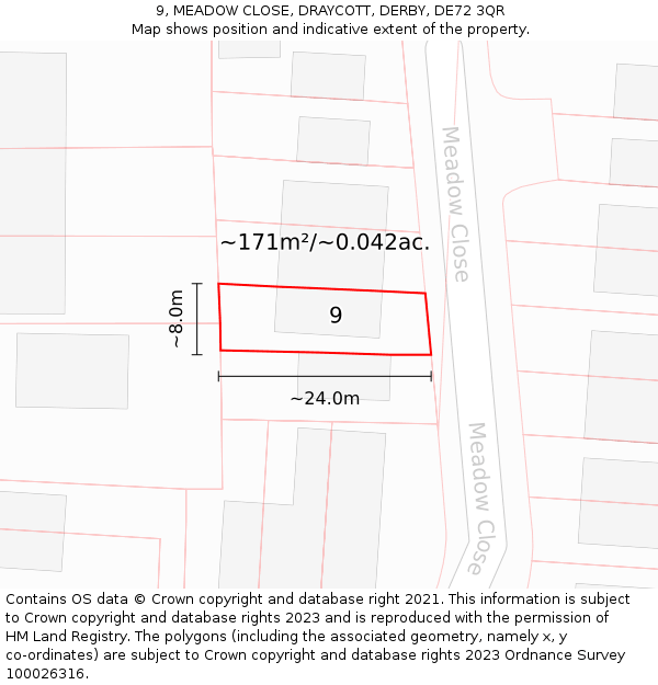 9, MEADOW CLOSE, DRAYCOTT, DERBY, DE72 3QR: Plot and title map