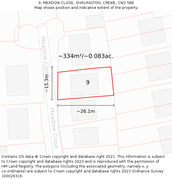 9, MEADOW CLOSE, SHAVINGTON, CREWE, CW2 5BE: Plot and title map