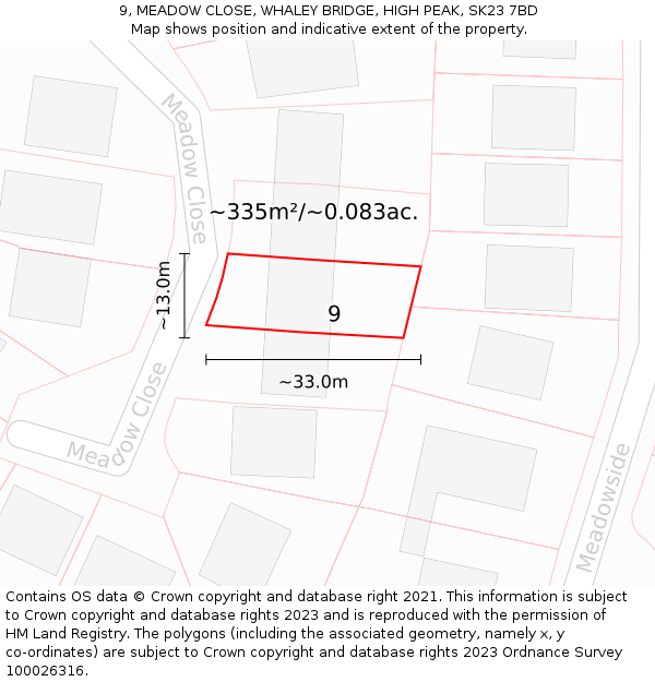 9, MEADOW CLOSE, WHALEY BRIDGE, HIGH PEAK, SK23 7BD: Plot and title map