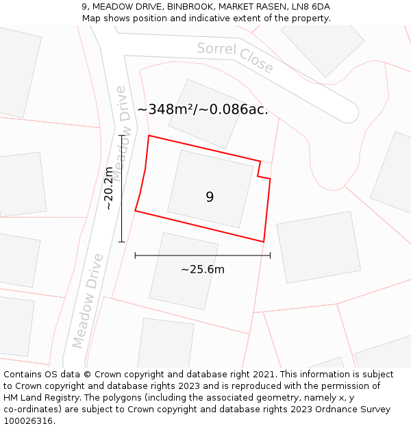 9, MEADOW DRIVE, BINBROOK, MARKET RASEN, LN8 6DA: Plot and title map