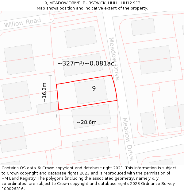 9, MEADOW DRIVE, BURSTWICK, HULL, HU12 9FB: Plot and title map