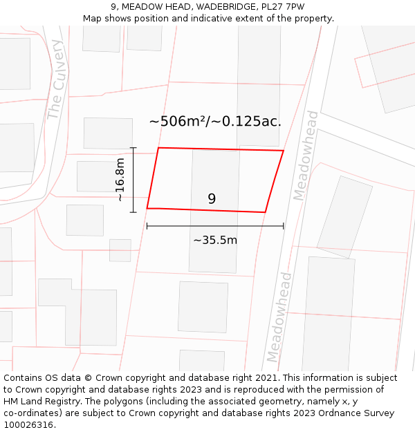 9, MEADOW HEAD, WADEBRIDGE, PL27 7PW: Plot and title map