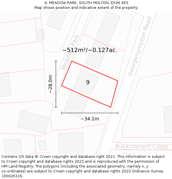 9, MEADOW PARK, SOUTH MOLTON, EX36 4ES: Plot and title map