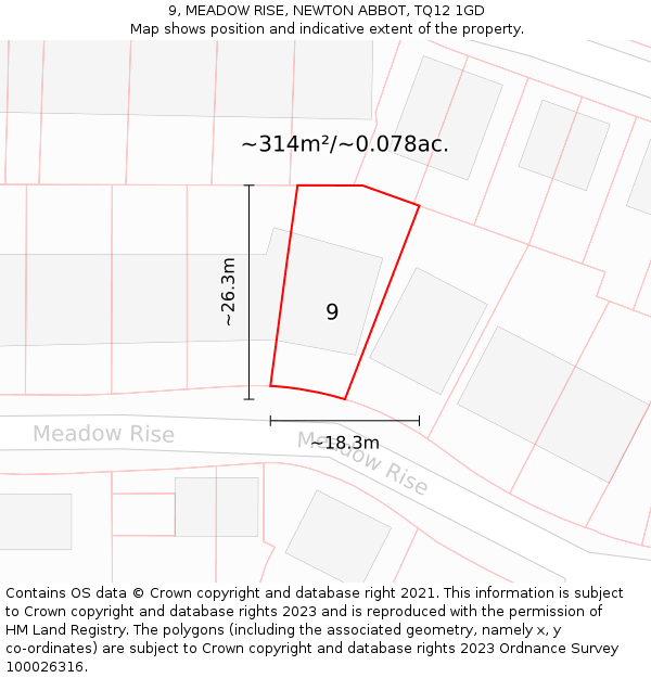 9, MEADOW RISE, NEWTON ABBOT, TQ12 1GD: Plot and title map