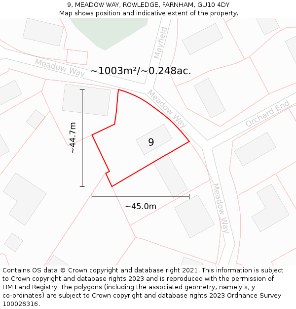 9, MEADOW WAY, ROWLEDGE, FARNHAM, GU10 4DY: Plot and title map