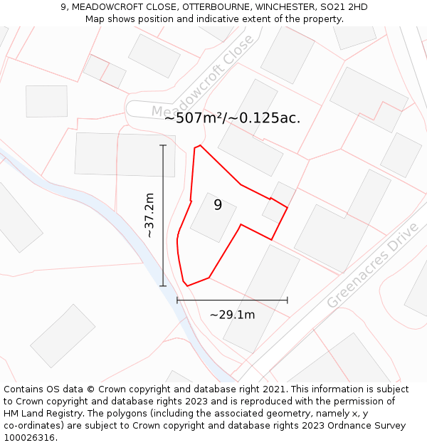 9, MEADOWCROFT CLOSE, OTTERBOURNE, WINCHESTER, SO21 2HD: Plot and title map