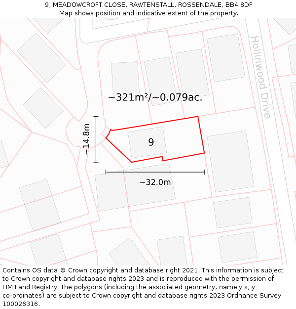 9, MEADOWCROFT CLOSE, RAWTENSTALL, ROSSENDALE, BB4 8DF: Plot and title map