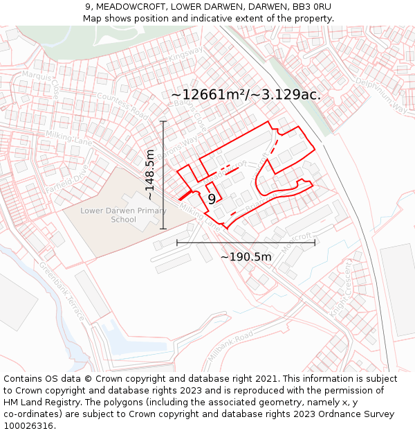 9, MEADOWCROFT, LOWER DARWEN, DARWEN, BB3 0RU: Plot and title map