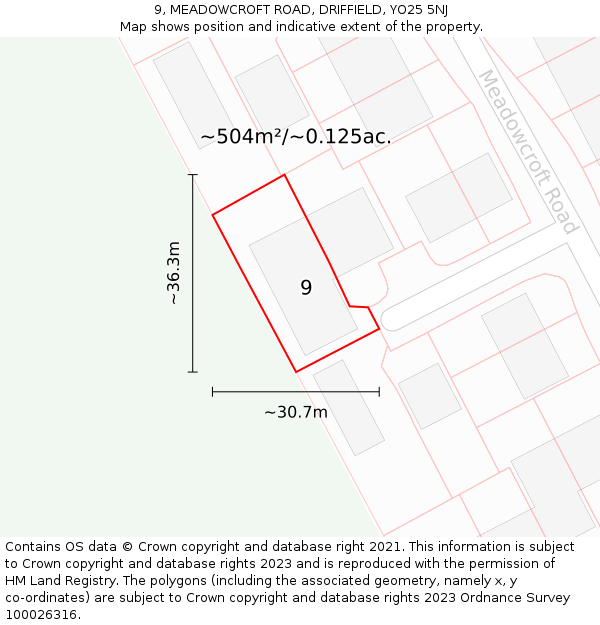 9, MEADOWCROFT ROAD, DRIFFIELD, YO25 5NJ: Plot and title map