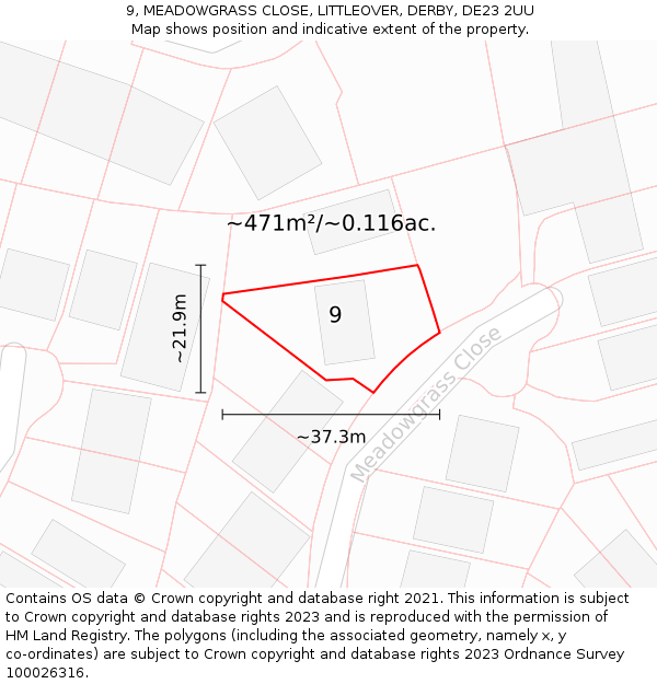 9, MEADOWGRASS CLOSE, LITTLEOVER, DERBY, DE23 2UU: Plot and title map