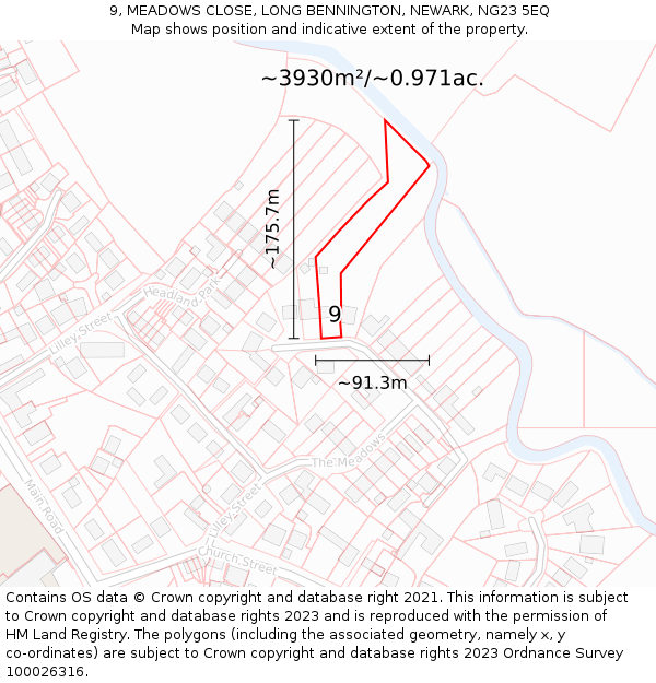 9, MEADOWS CLOSE, LONG BENNINGTON, NEWARK, NG23 5EQ: Plot and title map