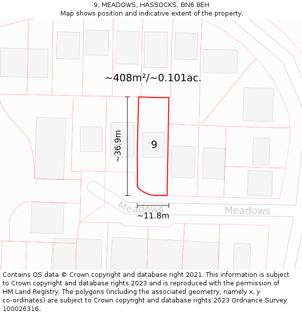 9, MEADOWS, HASSOCKS, BN6 8EH: Plot and title map
