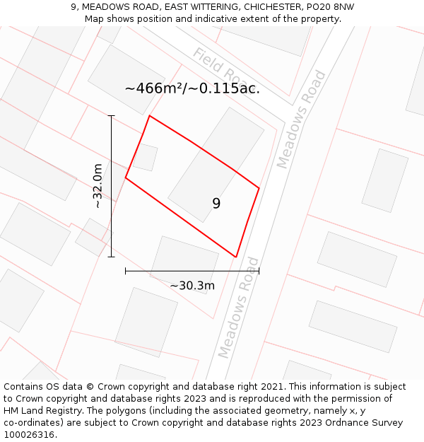 9, MEADOWS ROAD, EAST WITTERING, CHICHESTER, PO20 8NW: Plot and title map