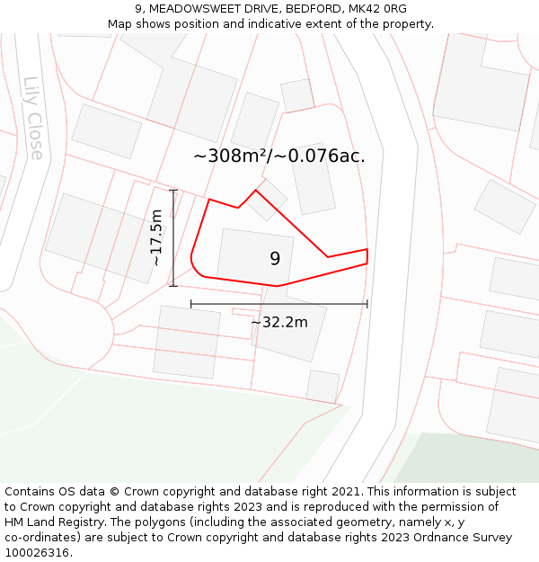 9, MEADOWSWEET DRIVE, BEDFORD, MK42 0RG: Plot and title map