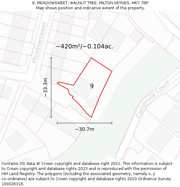 9, MEADOWSWEET, WALNUT TREE, MILTON KEYNES, MK7 7BP: Plot and title map
