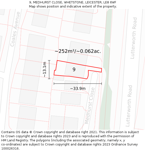 9, MEDHURST CLOSE, WHETSTONE, LEICESTER, LE8 6WF: Plot and title map