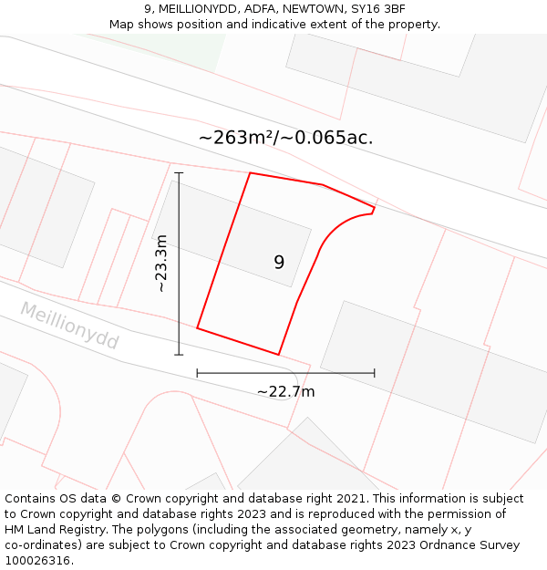 9, MEILLIONYDD, ADFA, NEWTOWN, SY16 3BF: Plot and title map